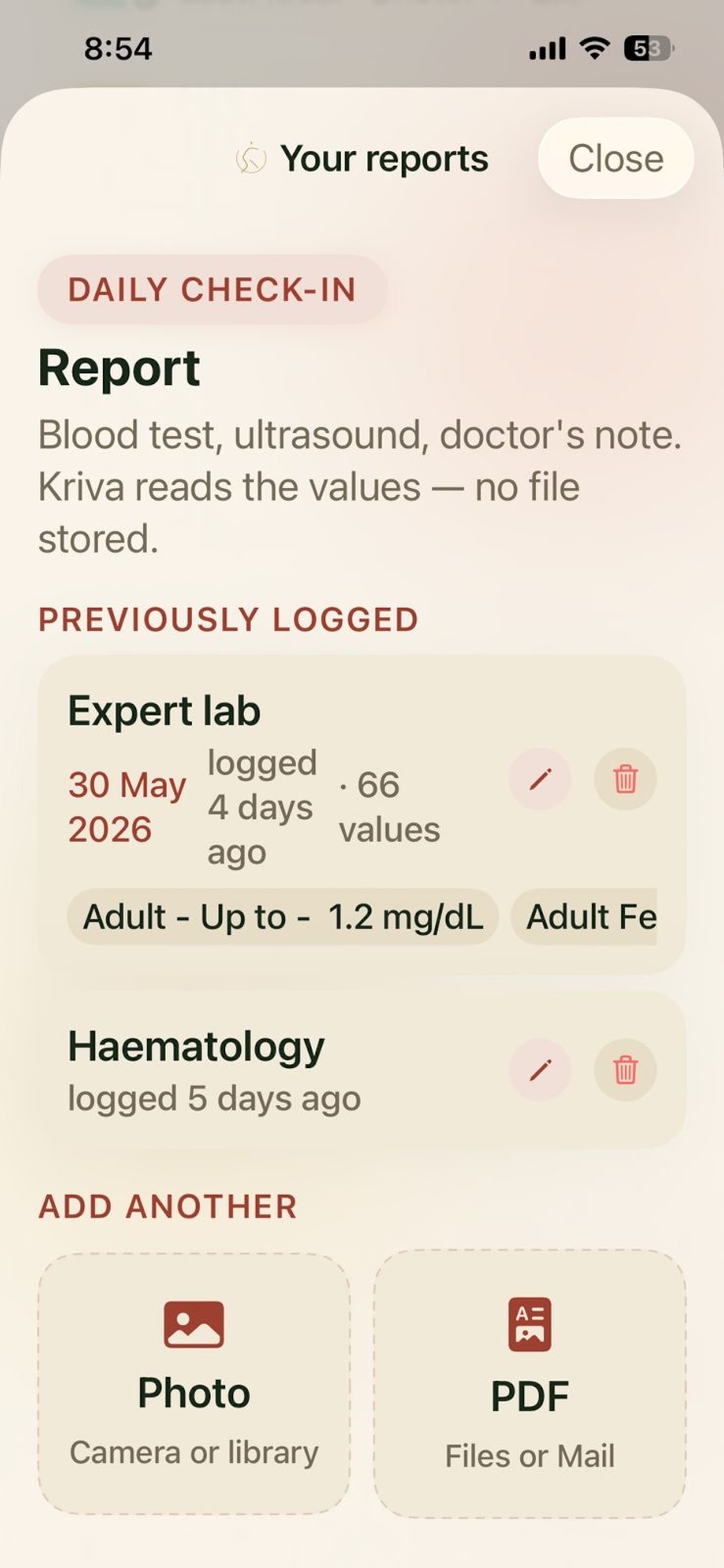 Reports — blood test and ultrasound values read from photo or PDF