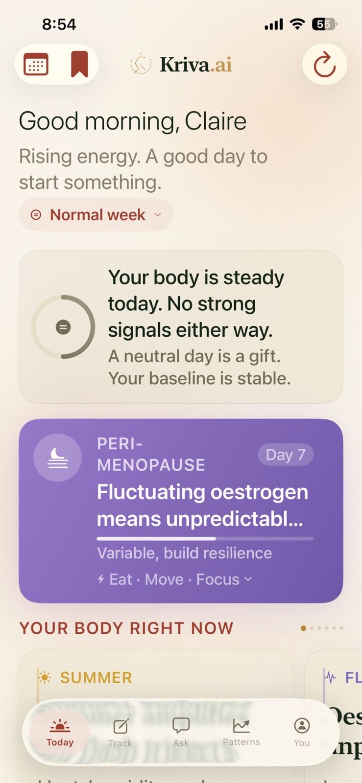 Kriva — today screen with cycle phase, body status, and perimenopause card