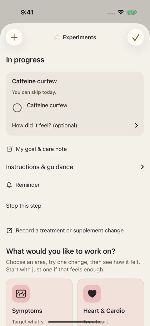 An active caffeine curfew experiment with a goal, care note and optional feedback