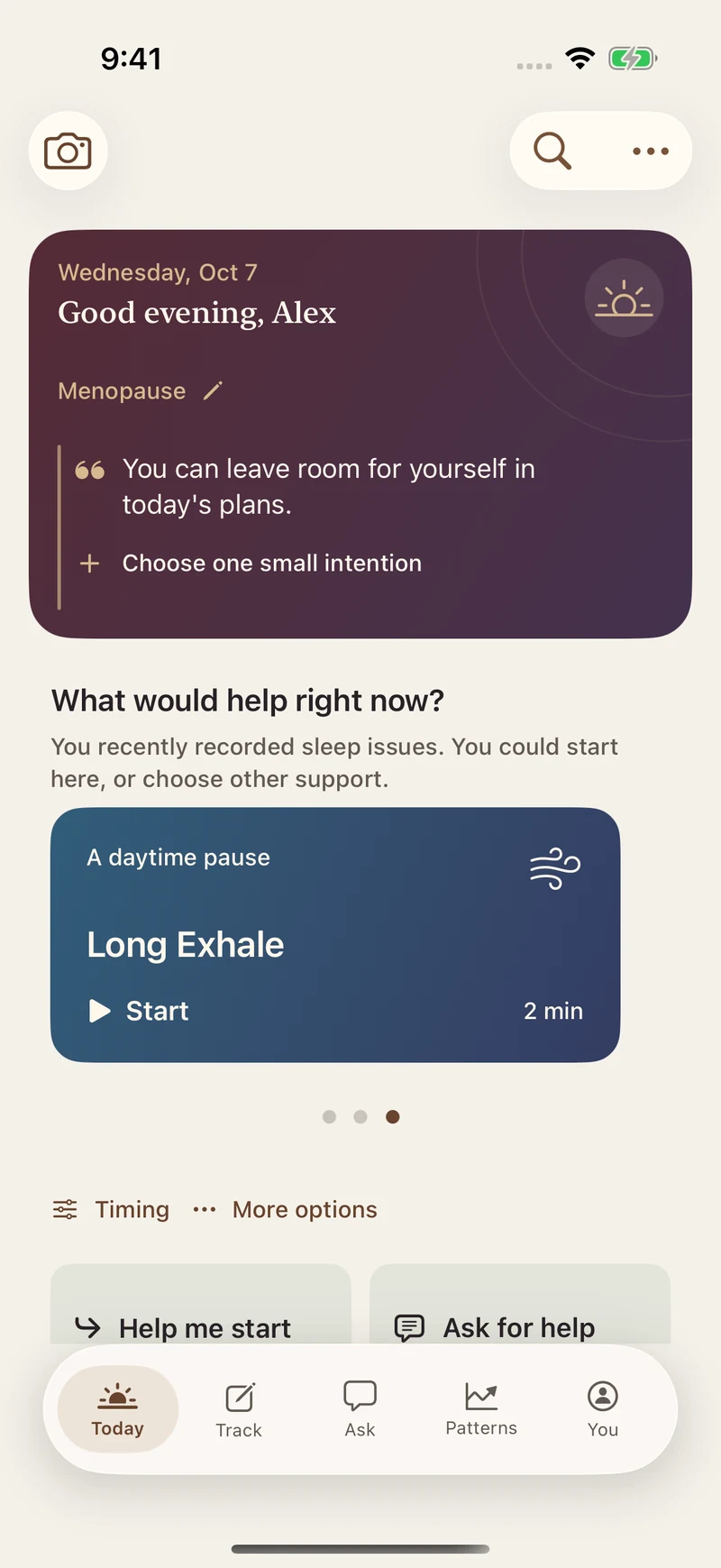 Kriva Home: a personal greeting and a two-minute activity with a direct Start button
