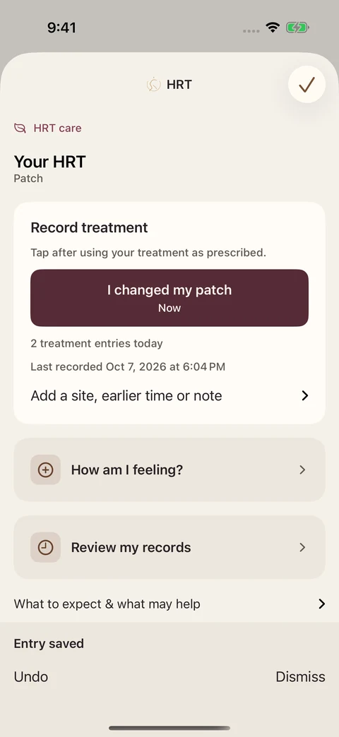HRT record with patch logging and a link to review past records