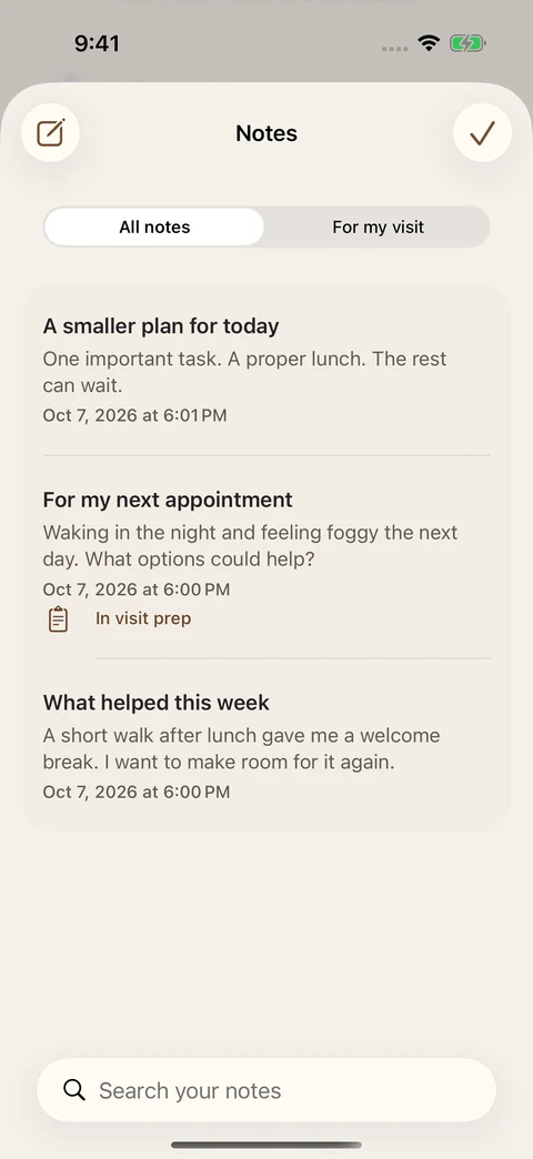 Notes library with search and a For my visit filter