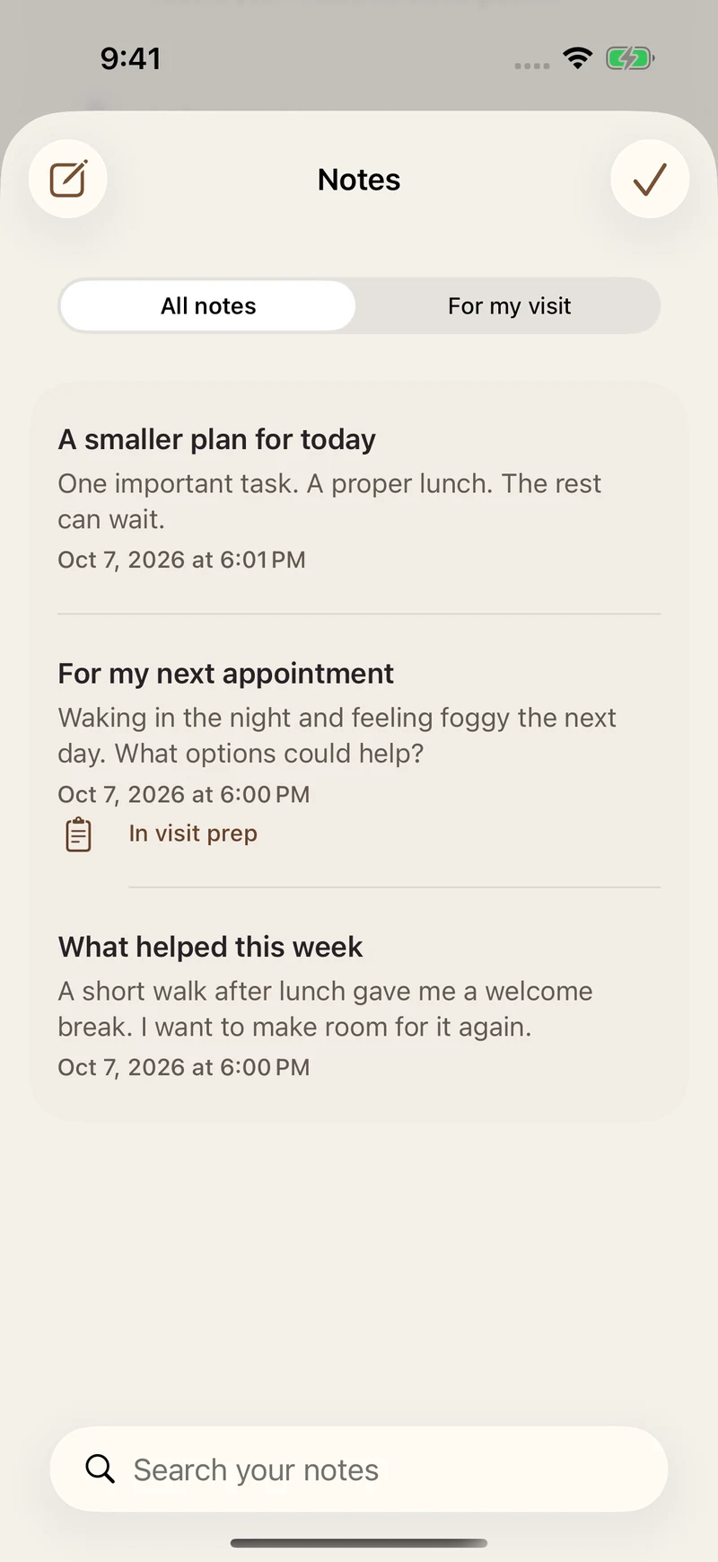 Searchable Notes with saved thoughts and a note selected for visit preparation