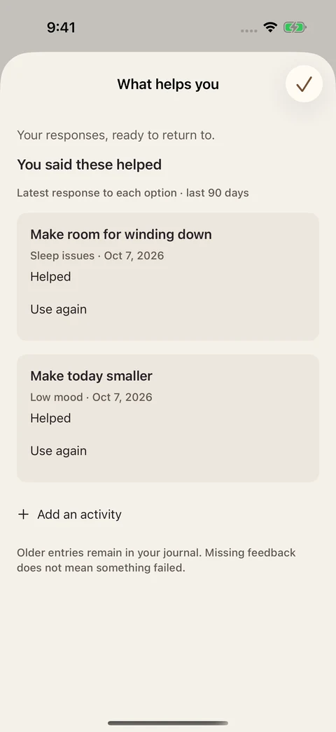 What helps you showing two activities marked helpful and Use again actions